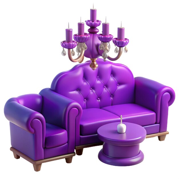 PSD a purple couch with purple chairs and a purple table with candles on it