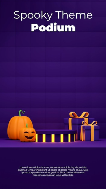 Purple cylinder podium 3d rendering mockup halloween in portrait with pumpkin and gift box scene