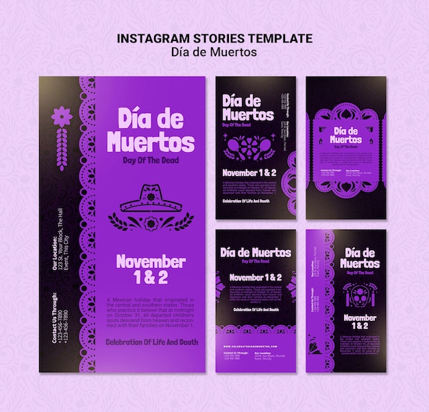 PSD purple dia de muertos social media stories pack