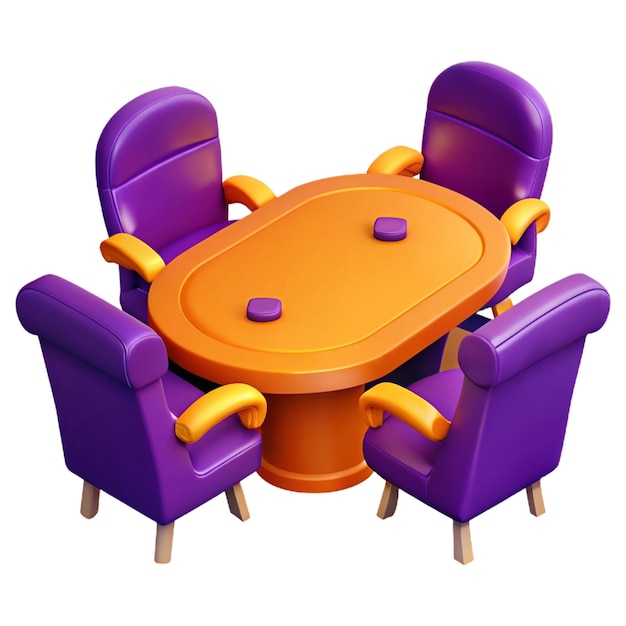 a purple dining table with purple chairs and a purple table with purple chairs