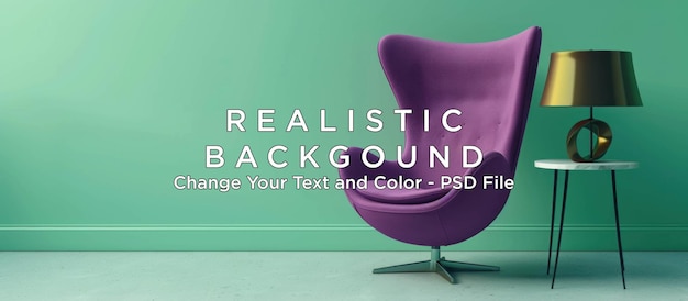 PSD purple egg chair and gold lamp in a mint green room