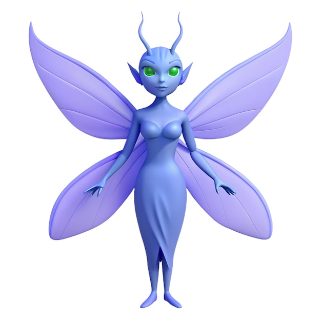 a purple fairy with a green face and purple wings