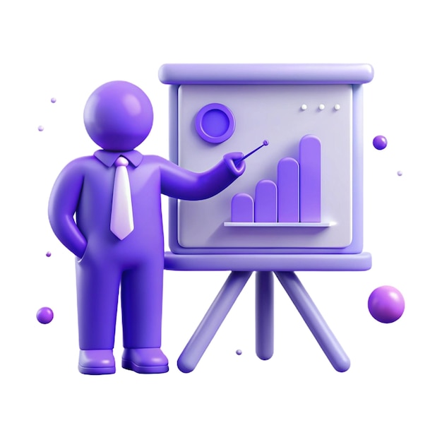 PSD a purple figure with a purple suit and tie is next to a white board with a graph on it