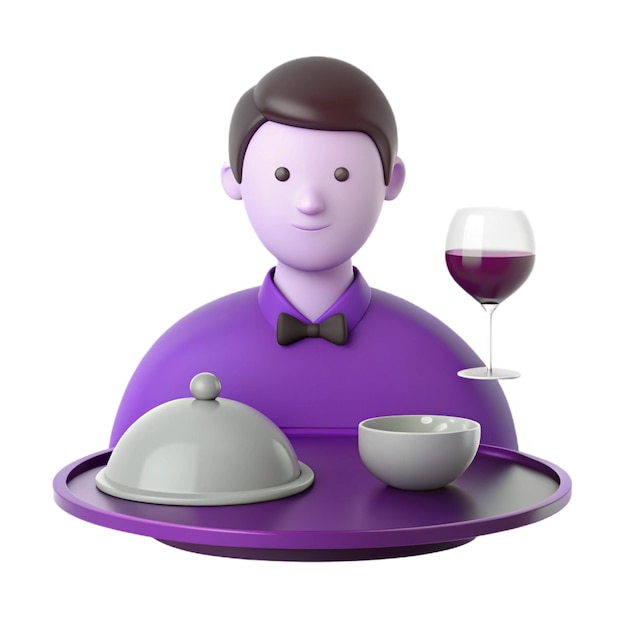 PSD a purple figurine with a glass of wine and a plate of food