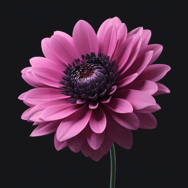 a purple flower with a black center and a black background