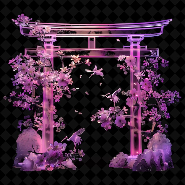 a purple gazebo with flowers and butterflies in the background