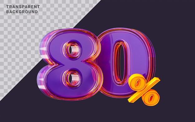 purple glass effect realistic 80 percent number symbol 3d render big sale online shopping banner