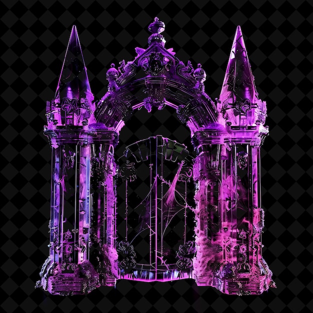 a purple glass sculpture of a castle with a clock on the front