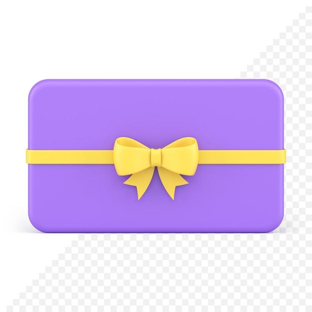 Purple glossy rectangle gift card with yellow bow ribbon realistic 3d icon