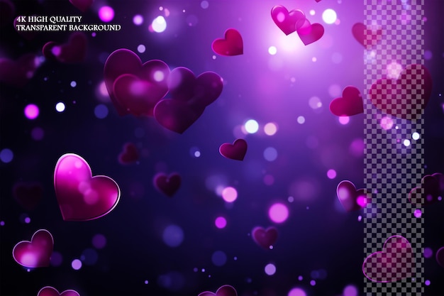 Purple glowing hearts flying in the air purple background on transparent background