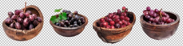 Purple Grapes in Wooden Bowls Isolated on Transparent Background