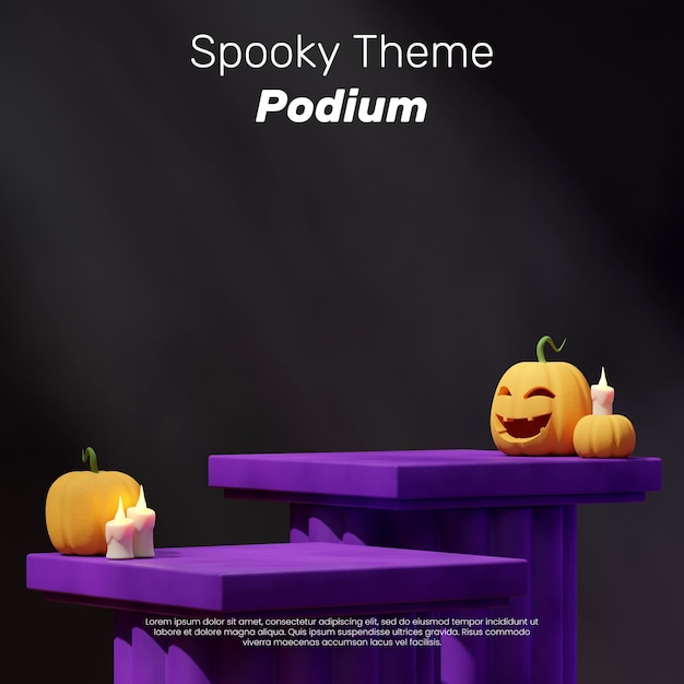 PSD purple halloween podium in square with pumpkins and candles 3d render scene mockup