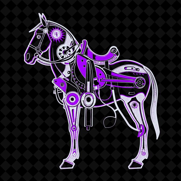 a purple horse with purple and black letters that say  robot