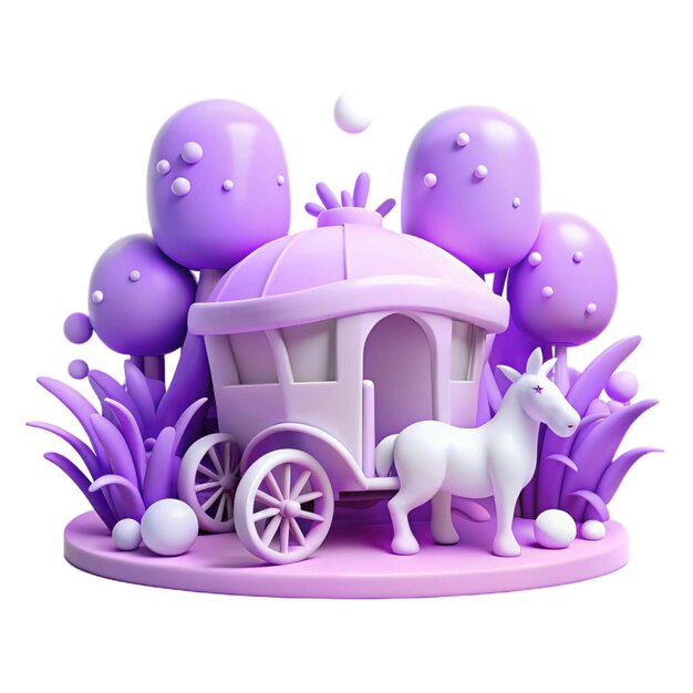 PSD a purple house with a white horse and purple flowers