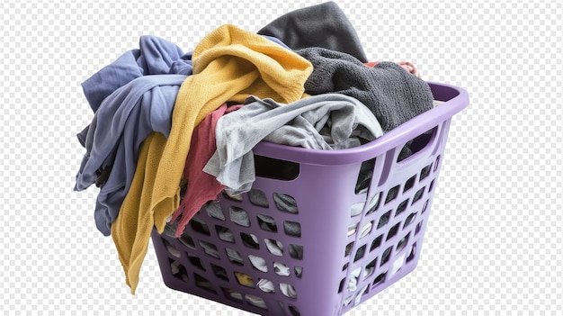 a purple laundry basket with clothes in it