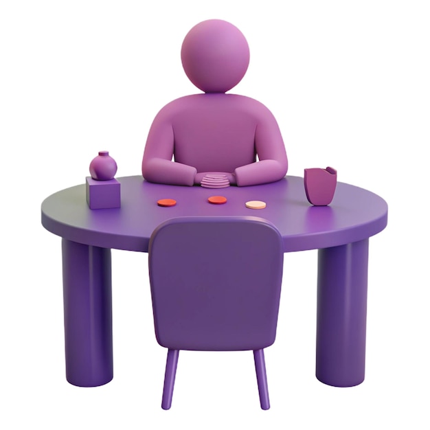 PSD a purple man sits at a table with a purple tablecloth