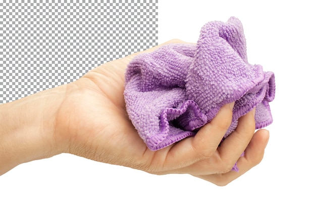 PSD purple microfiber cloth for dusting in hand isolated on transparent background