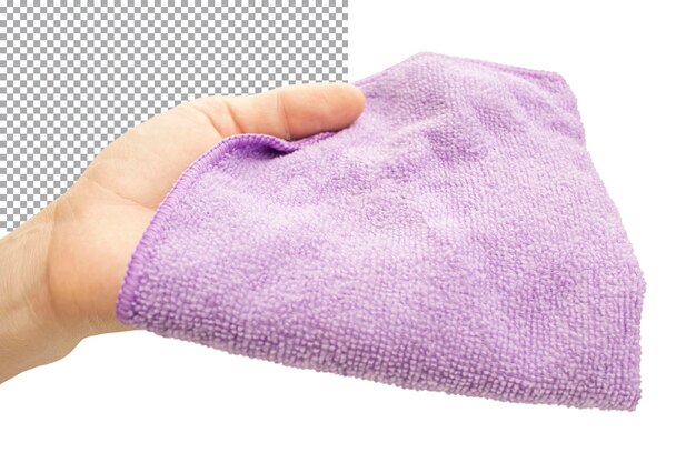 PSD purple microfiber cloth for dusting in hand isolated on transparent background