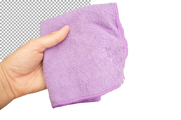 Purple microfiber cloth in hand isolated on transparent background