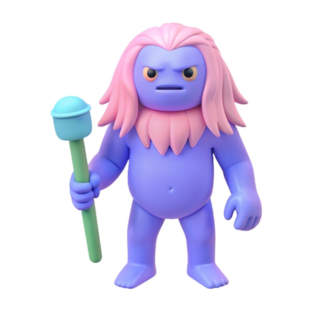 a purple monster with pink hair holding a green object