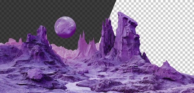 PSD purple mountains and a large moon in an alien landscape cut out stock png