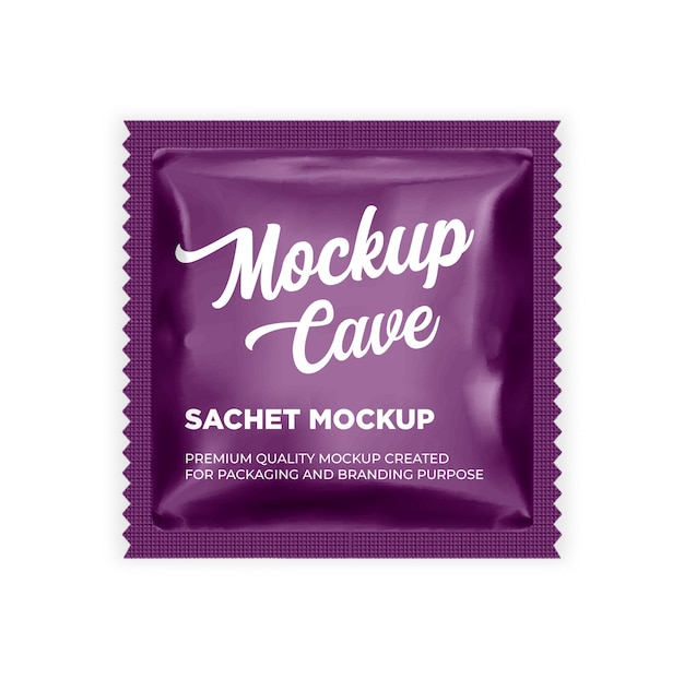 A purple packet that says sachet mockup.