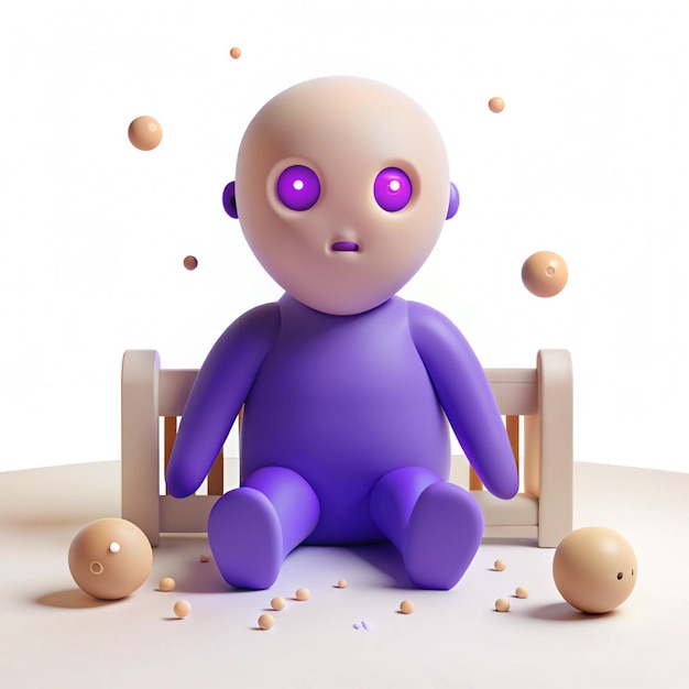 PSD a purple plastic baby doll with purple eyes sits on a table