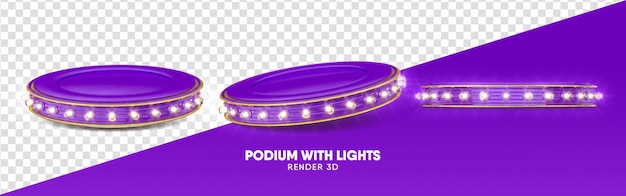 Purple podium 3d render with lights in multiple perspectives on transparent background