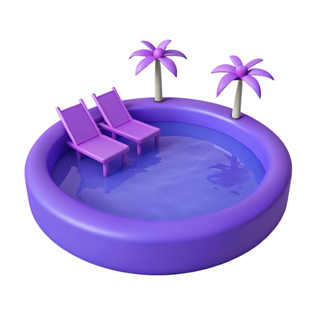 a purple pool with palm trees and purple chairs