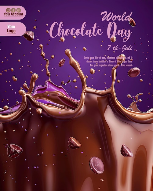 a purple poster for chocolate day with chocolate pouring out of it