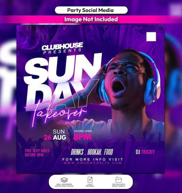 A purple poster for clubhouse presents a sunday show.