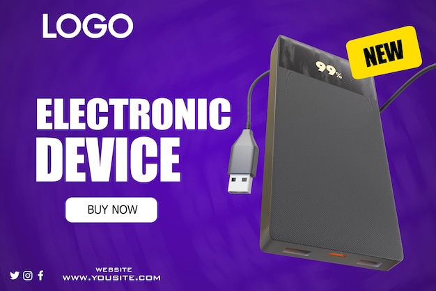 A purple poster that says logo electronic device.