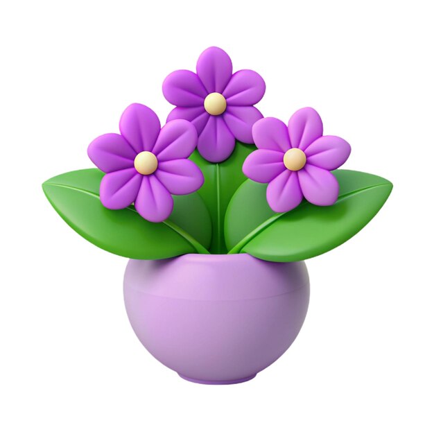 a purple pot with purple flowers and green leaves