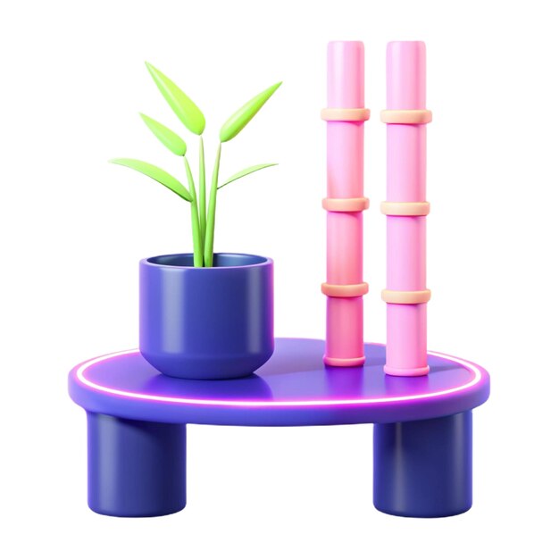 a purple and purple table with a plant on it