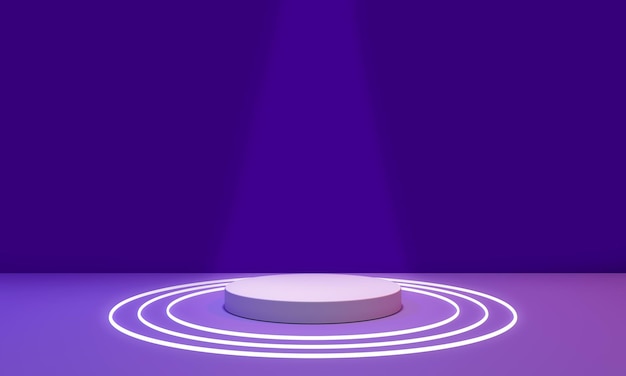 Purple room and neon with podium for product  placement 3D render  