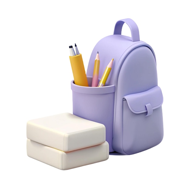 a purple school backpack with pens and pencils in it