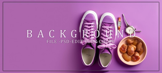 PSD purple sneakers watch and cookies on a lilac background