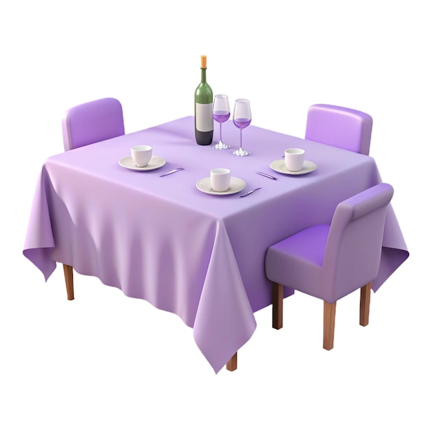 a purple tablecloth with a bottle of wine and wine glasses on it