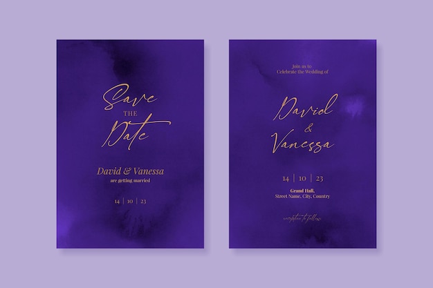 Purple watercolor wedding invitation card set template