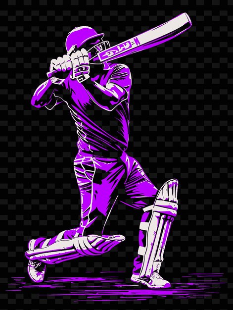 a purple and white poster of a cricket player with a bat