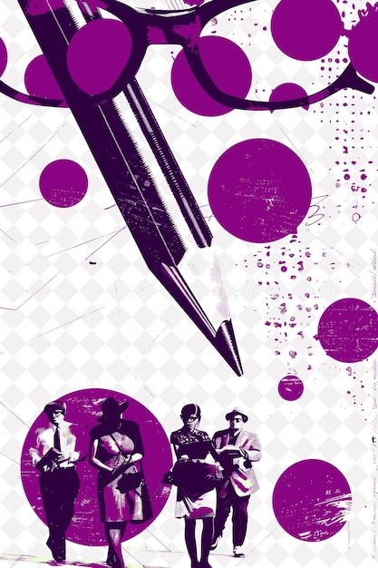 a purple and white poster with a pair of scissors and a purple circle on the top