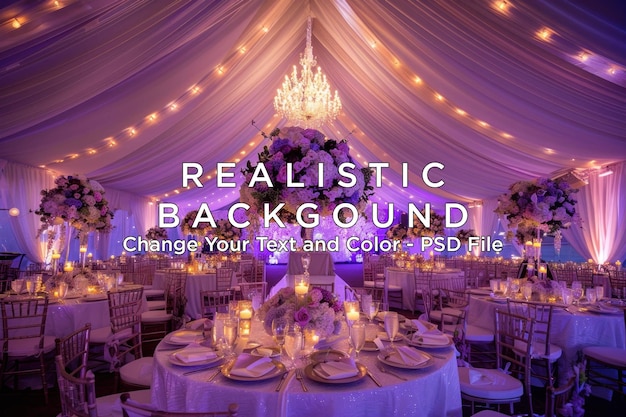 Purple and White Wedding Reception Under a Canopy of Lights