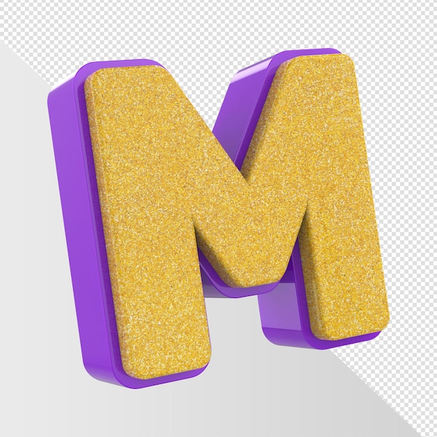 A purple and yellow glitter letter m with a gold background.