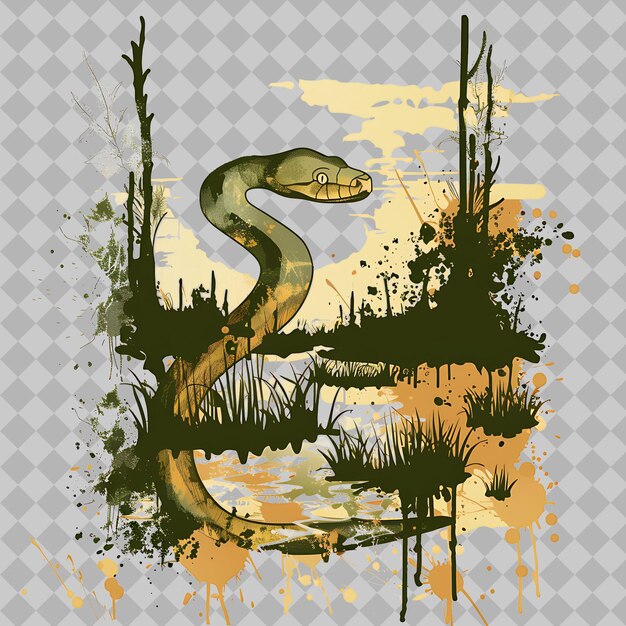 PSD python inside a silhouette rectangle wetland adorned with a png watercolor animal designs