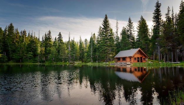 PSD a quiet lakeside cabin surrounded by tall pine trees