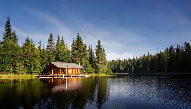 A quiet lakeside cabin surrounded by tall pine trees