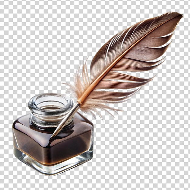 A quill pen with ink and a feather on top on transparent background