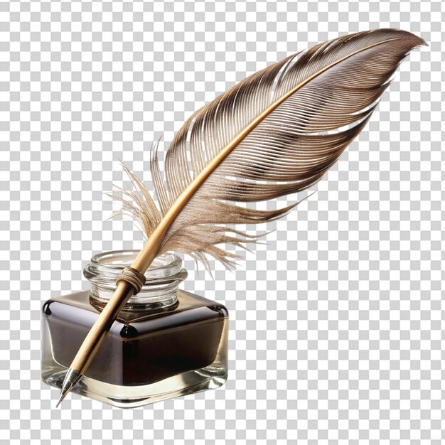 A quill pen with ink and a feather on top on transparent background