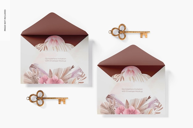 Quinceanera Invitations with Envelope Mockup Top View