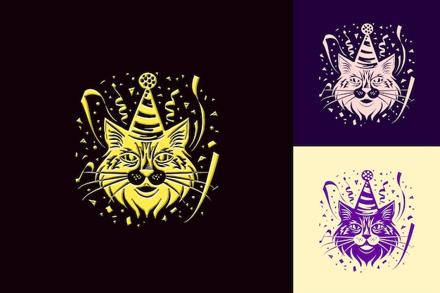 Quirky Cat Mascot Logo With a Party Hat and Streamers Design Cute Abstract Vector Designs